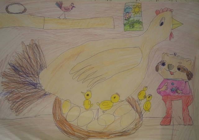Ксюша Сомлякова нарисовала нам курочку и цыплят.