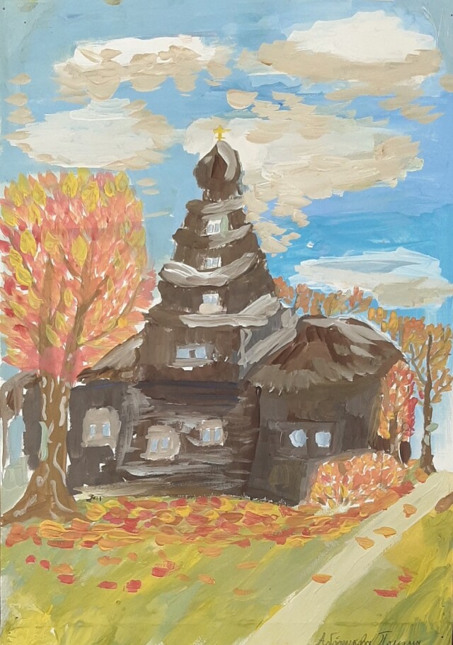 Полина Аборенкова рисует храм.